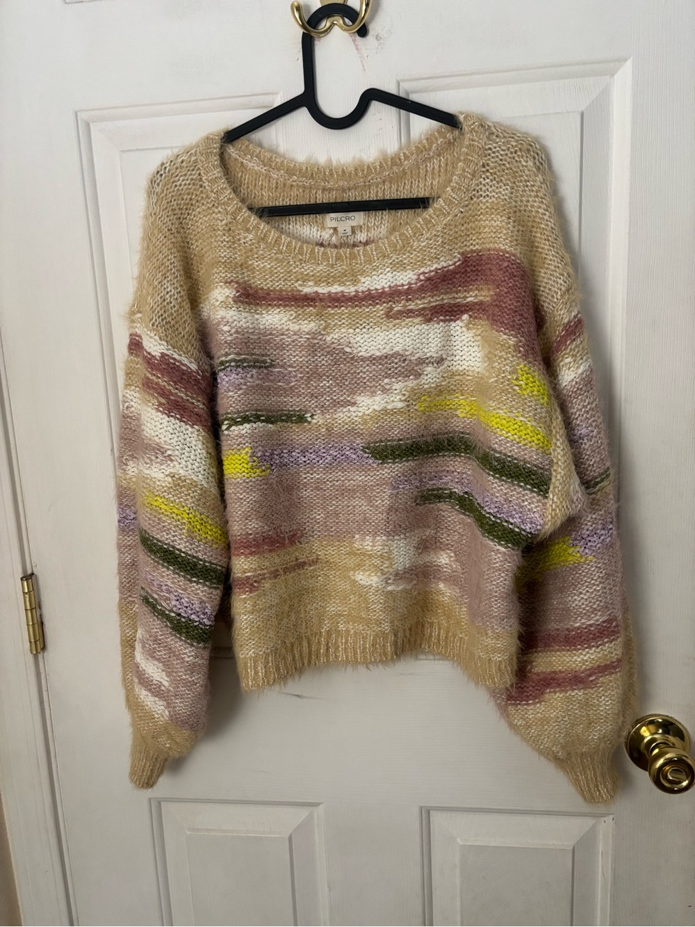 Pilcro Multicolor Fuzzy Knit Crewneck Sweater in Beige, Pink & Olive